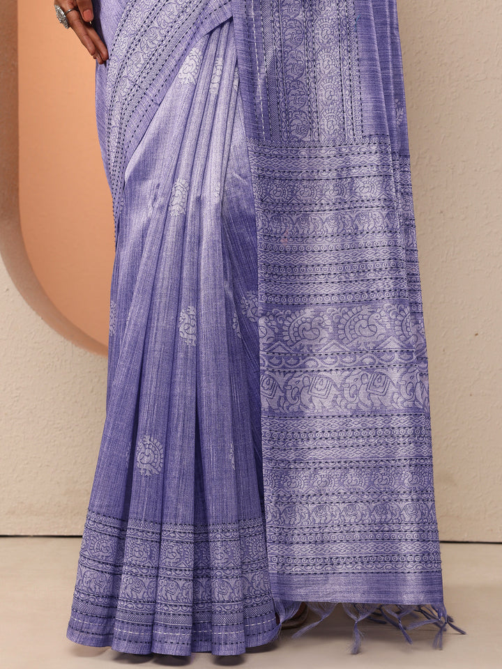 Lavender Printed Silk Blend Saree With Unstitched Blouse Piece