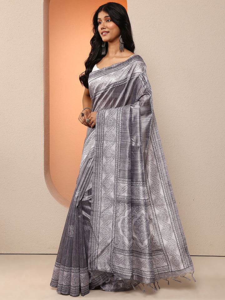 Grey Printed Silk Blend Saree With Unstitched Blouse Piece