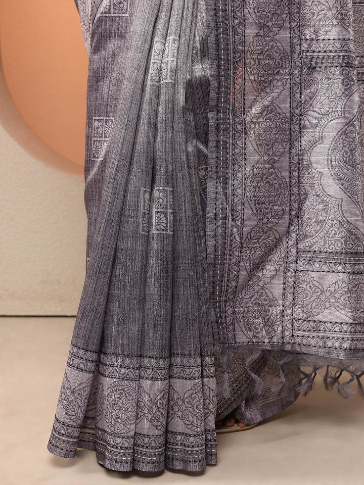 Grey Printed Silk Blend Saree With Unstitched Blouse Piece