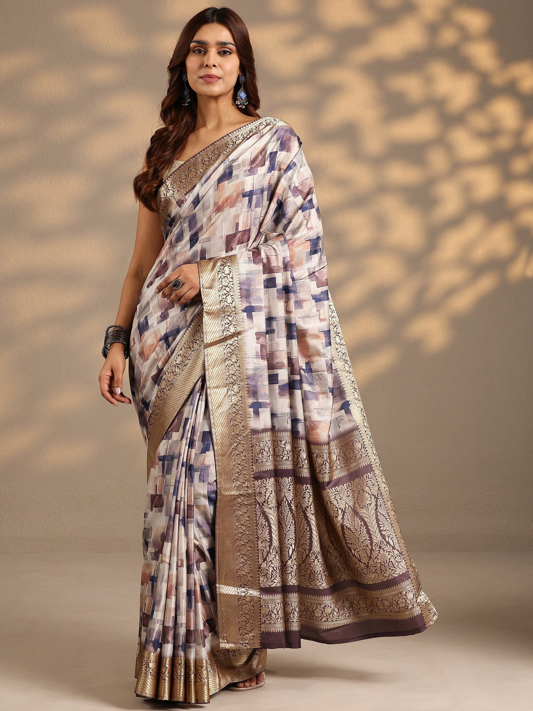 Beige Woven Design Silk Blend Saree With Unstitched Blouse Piece