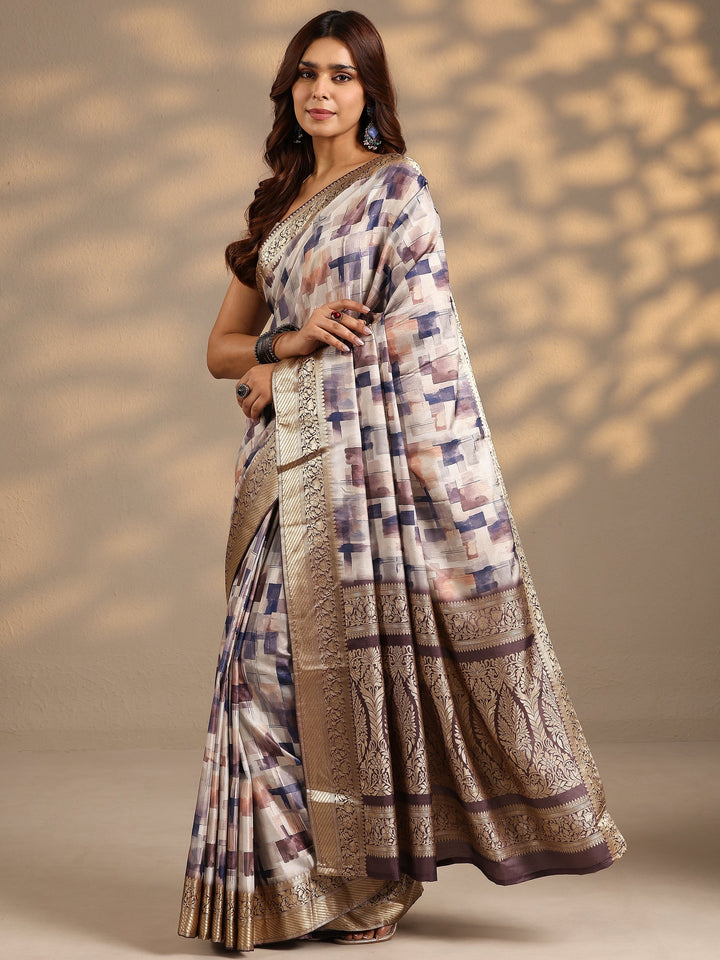 Beige Woven Design Silk Blend Saree With Unstitched Blouse Piece