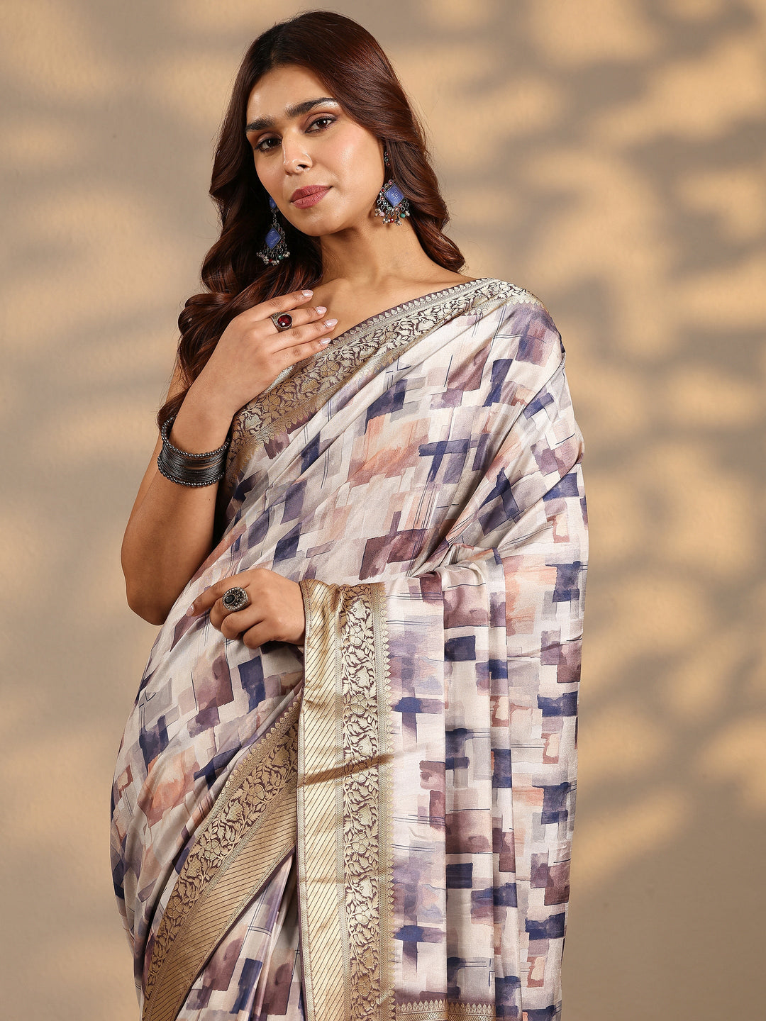 Beige Woven Design Silk Blend Saree With Unstitched Blouse Piece