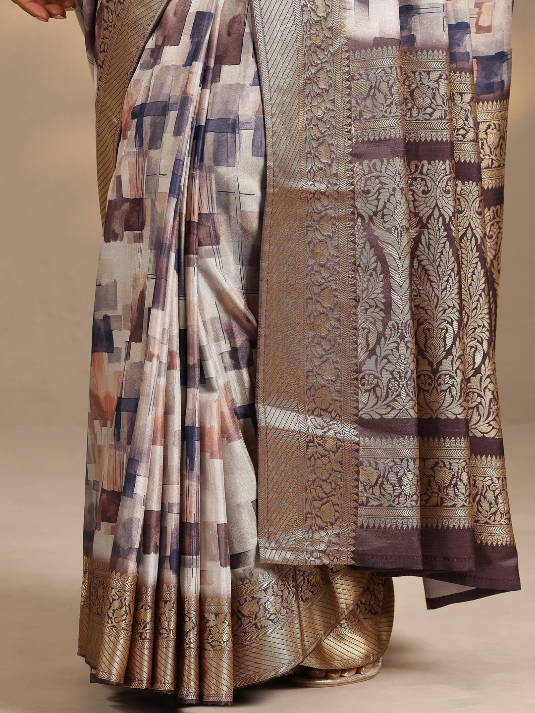 Beige Woven Design Silk Blend Saree With Unstitched Blouse Piece