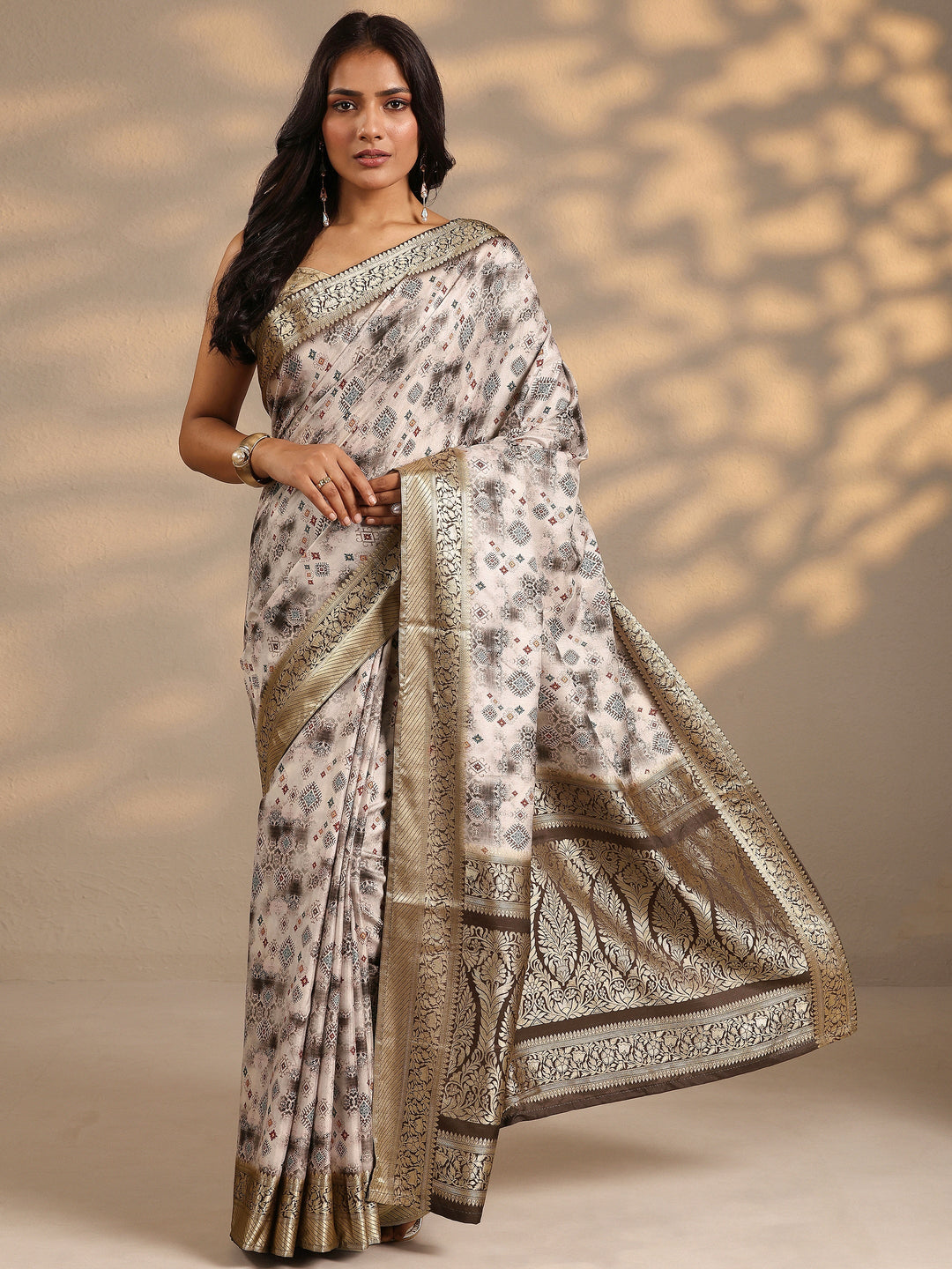 Taupe Woven Design Silk Blend Saree With Unstitched Blouse Piece