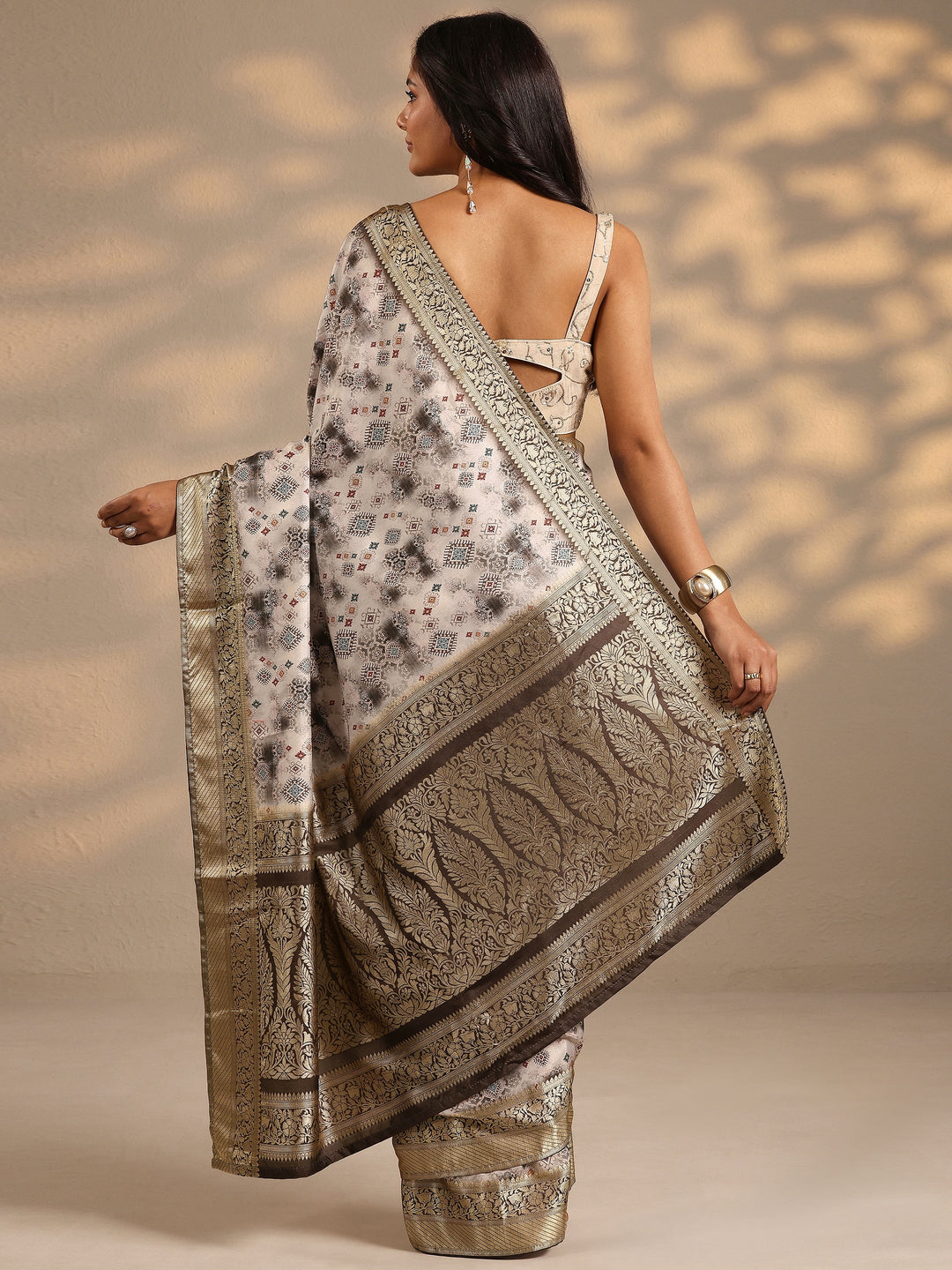 Taupe Woven Design Silk Blend Saree With Unstitched Blouse Piece