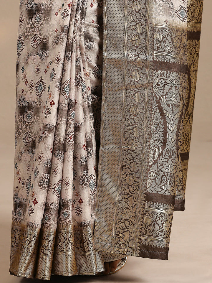 Taupe Woven Design Silk Blend Saree With Unstitched Blouse Piece