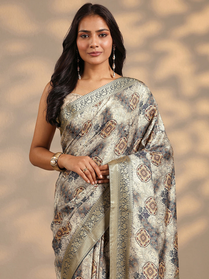 Grey Printed Silk Blend Saree With Unstitched Blouse Piece