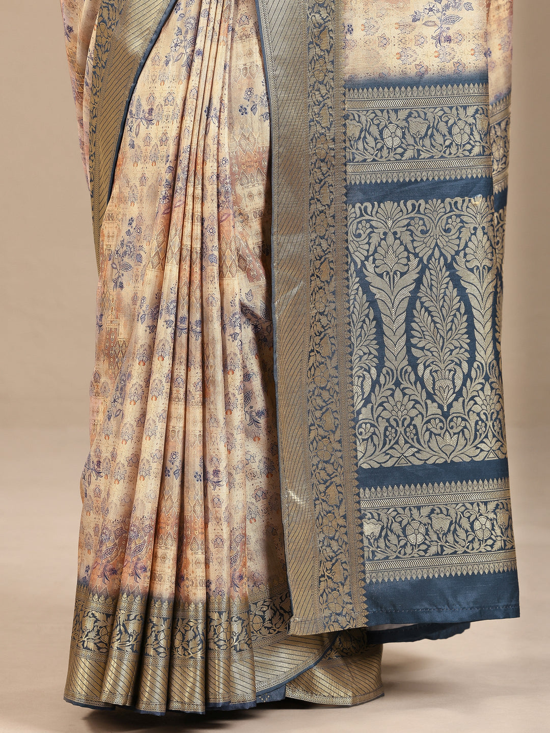Beige Printed Silk Blend Saree With Unstitched Blouse Piece