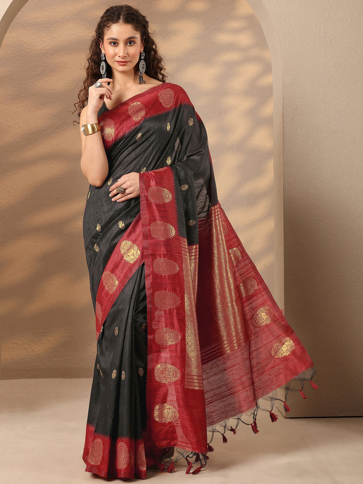 Black Woven Design Silk Blend Saree With Unstitched Blouse Piece