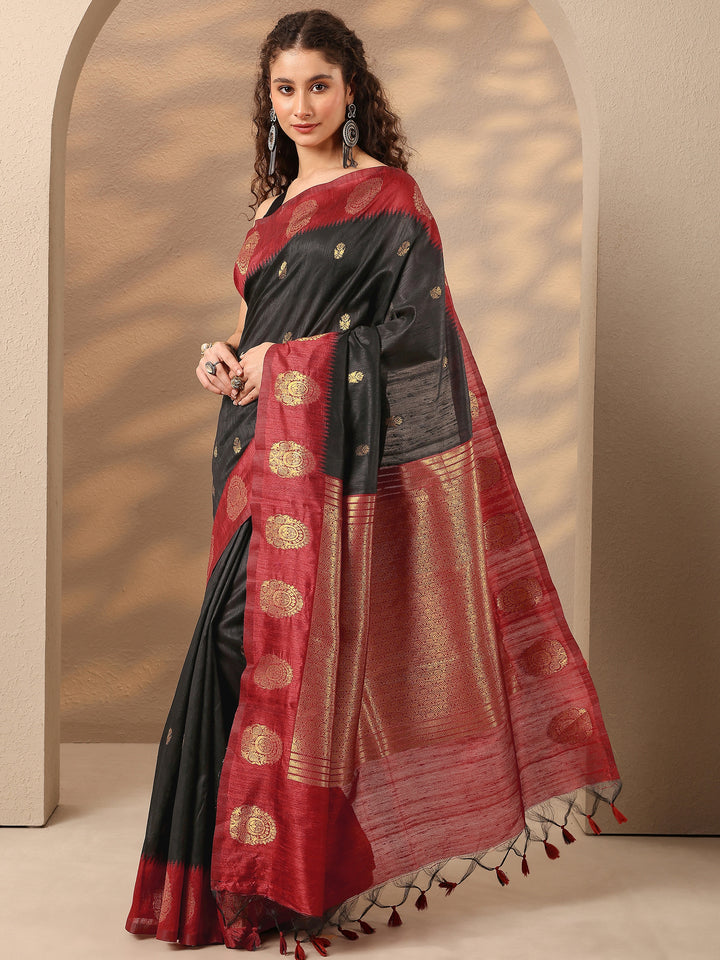 Black Woven Design Silk Blend Saree With Unstitched Blouse Piece
