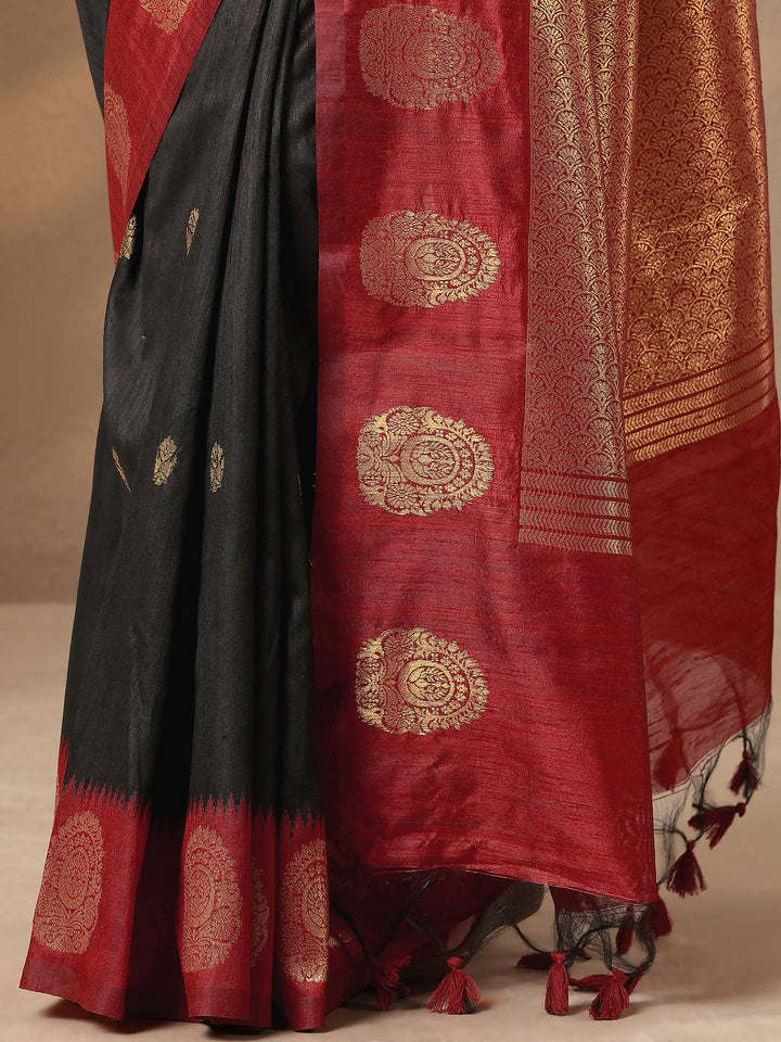 Black Woven Design Silk Blend Saree With Unstitched Blouse Piece