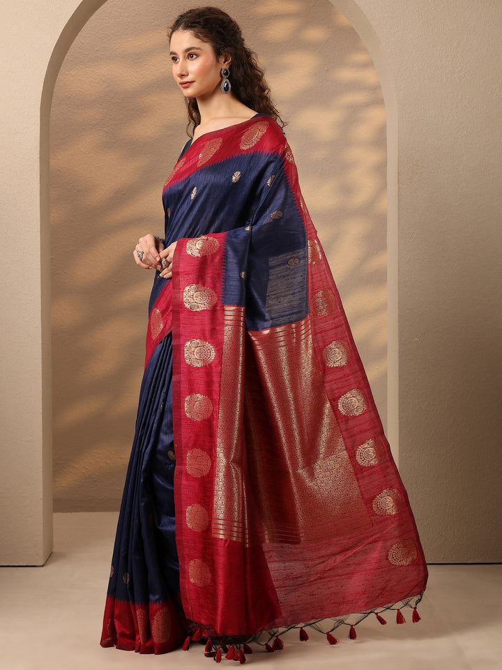Blue Woven Design Silk Blend Saree With Unstitched Blouse Piece