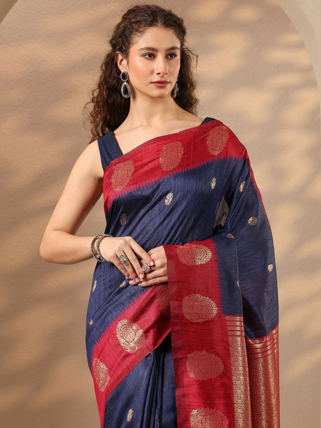 Blue Woven Design Silk Blend Saree With Unstitched Blouse Piece