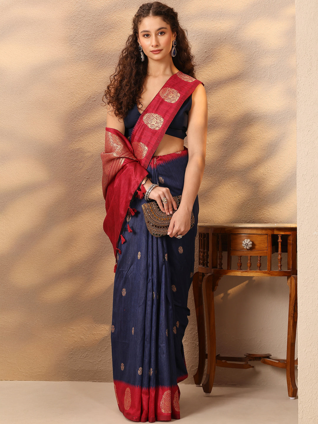 Blue Woven Design Silk Blend Saree With Unstitched Blouse Piece