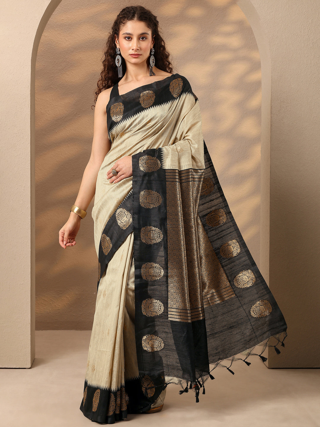 Beige Woven Design Silk Blend Saree With Unstitched Blouse Piece