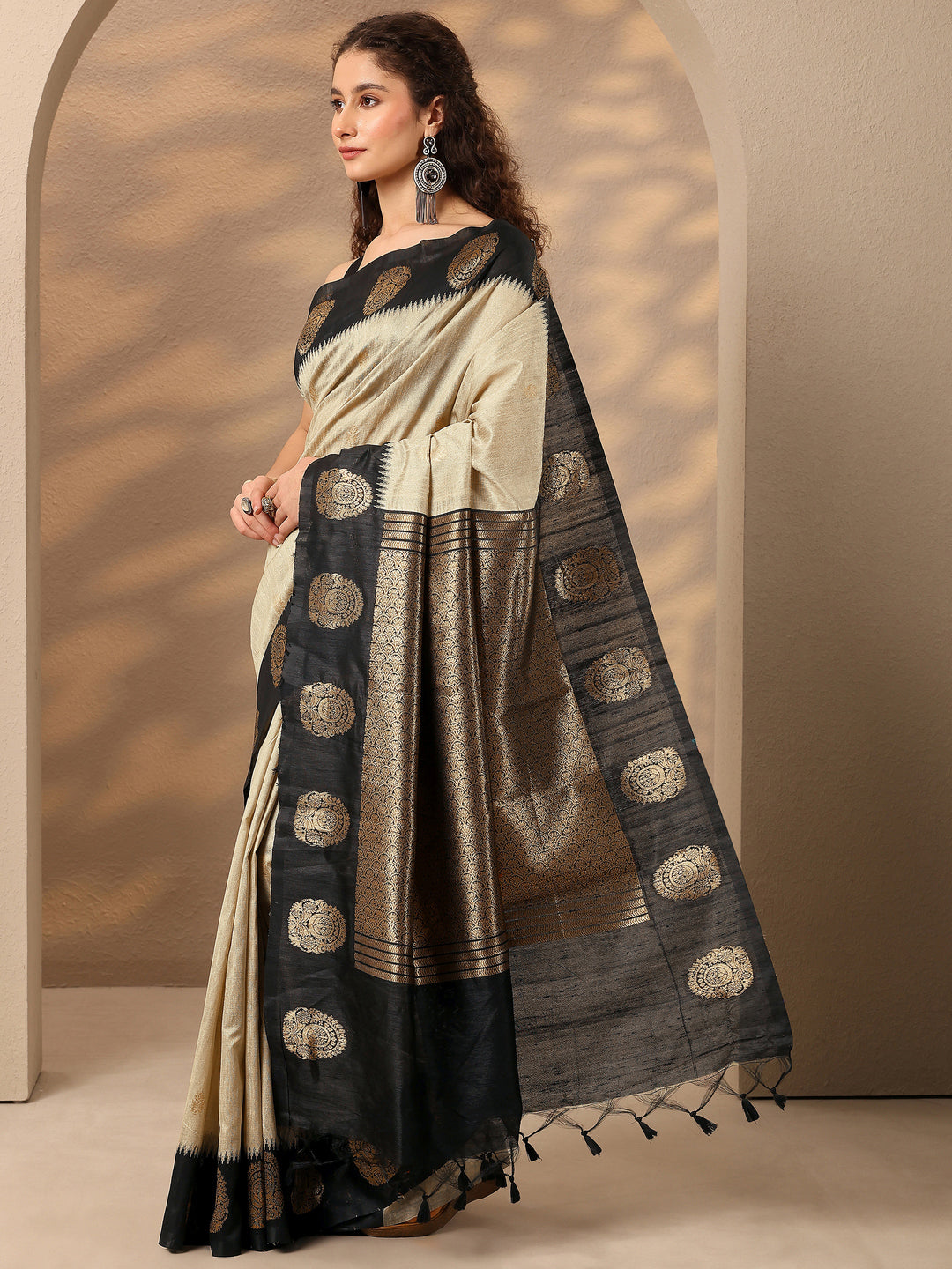 Beige Woven Design Silk Blend Saree With Unstitched Blouse Piece