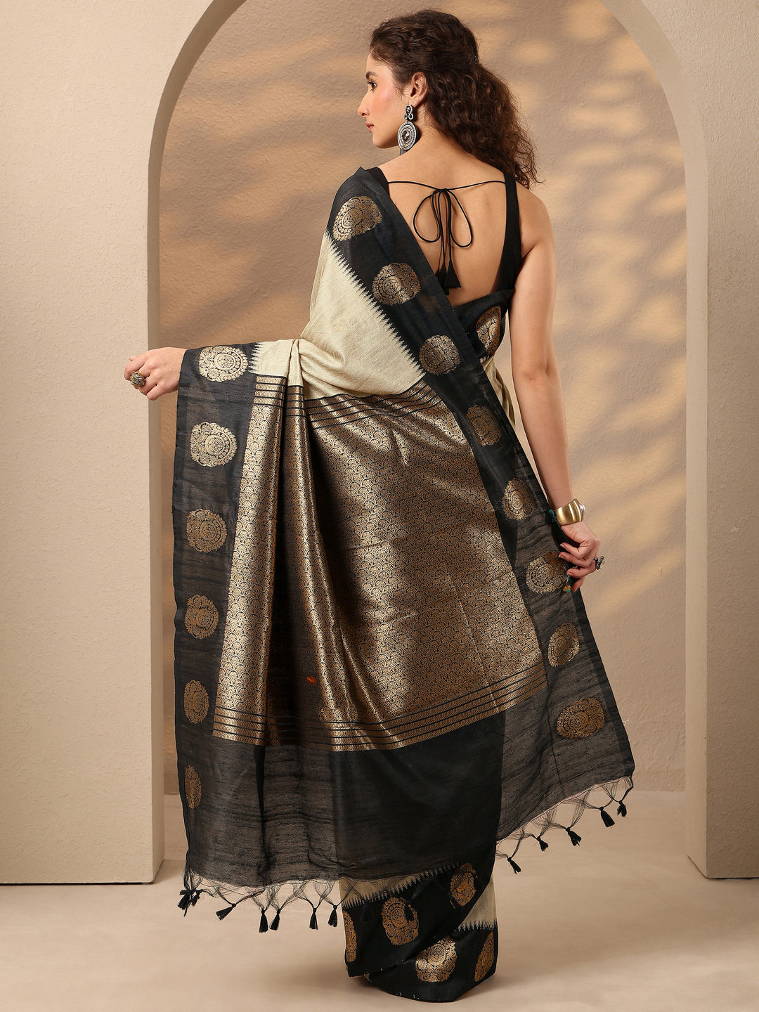Beige Woven Design Silk Blend Saree With Unstitched Blouse Piece