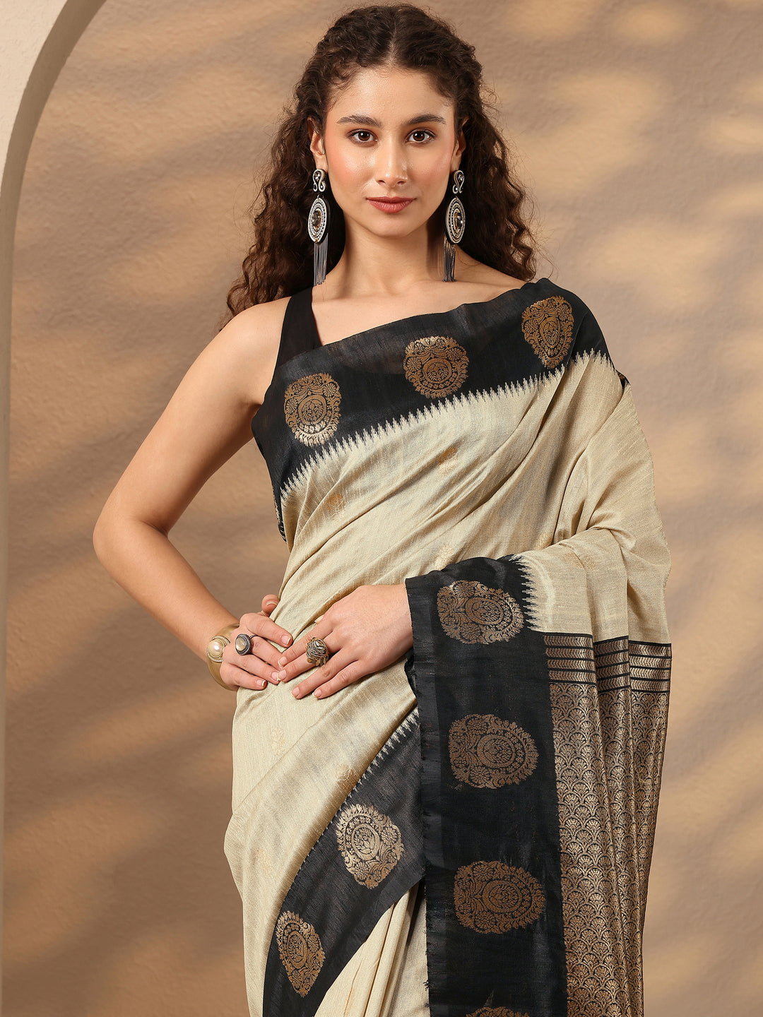 Beige Woven Design Silk Blend Saree With Unstitched Blouse Piece
