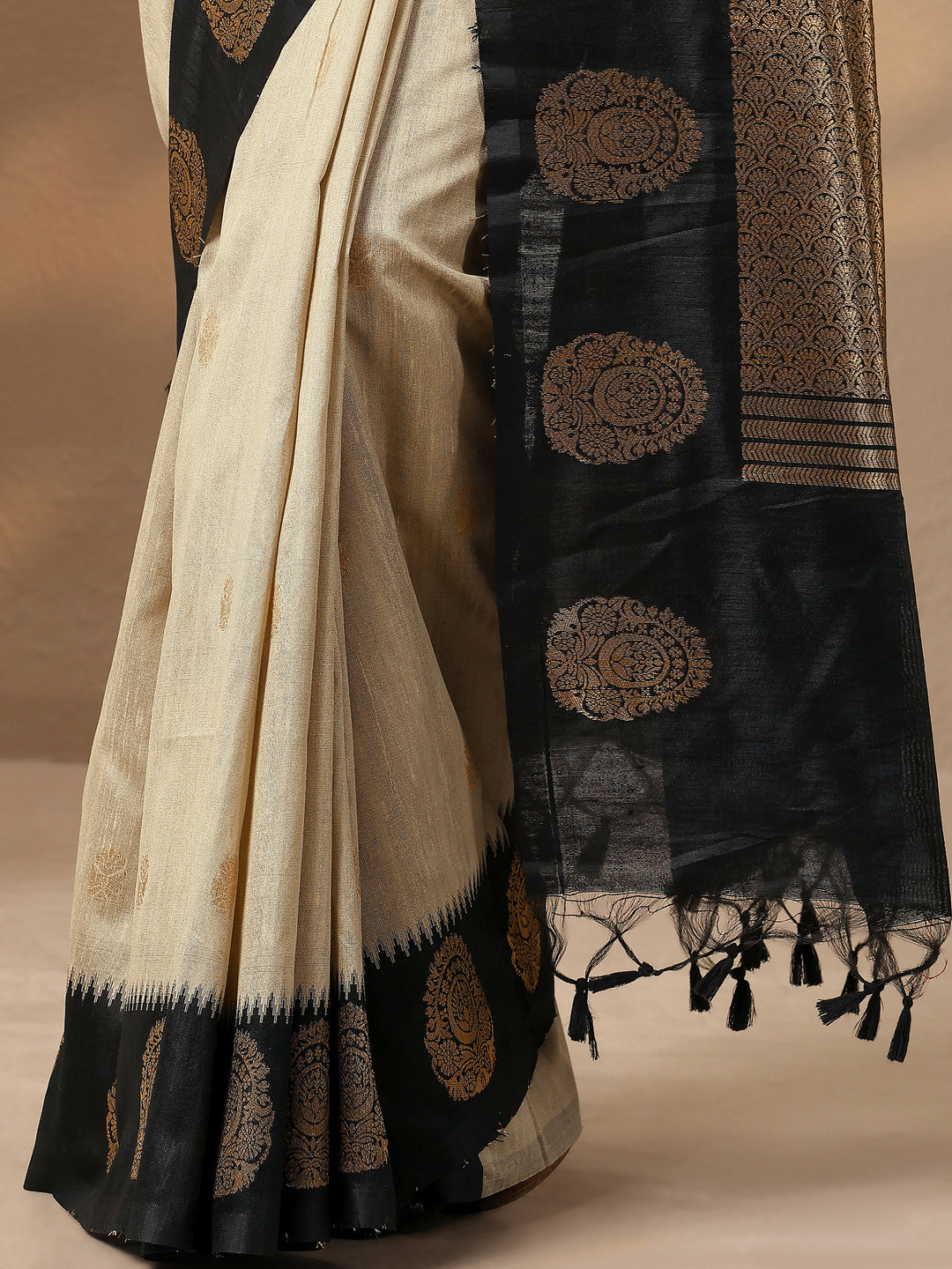 Beige Woven Design Silk Blend Saree With Unstitched Blouse Piece