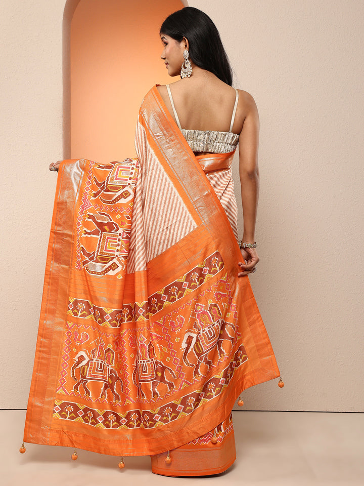 Orange Leheriya Printed Silk Blend Saree With Unstitched Blouse Piece