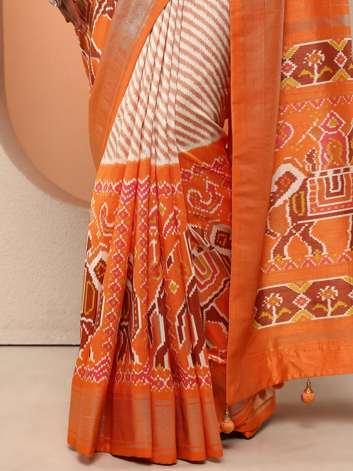 Orange Leheriya Printed Silk Blend Saree With Unstitched Blouse Piece