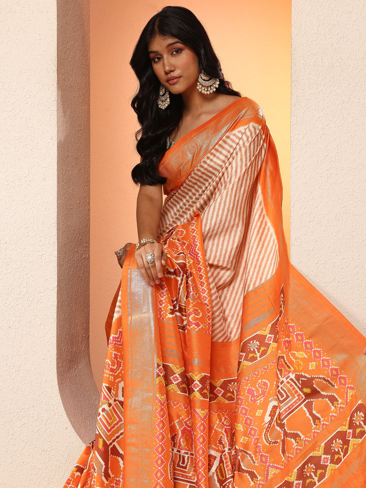 Orange Leheriya Printed Silk Blend Saree With Unstitched Blouse Piece