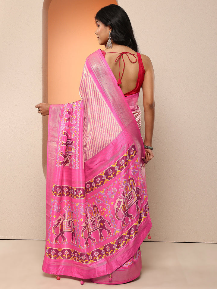 Pink Leheriya Printed Silk Blend Saree With Unstitched Blouse Piece