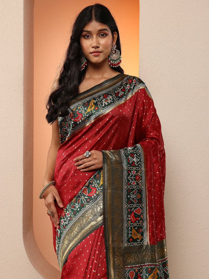 Maroon Woven Design Silk Blend Saree With Unstitched Blouse Piece