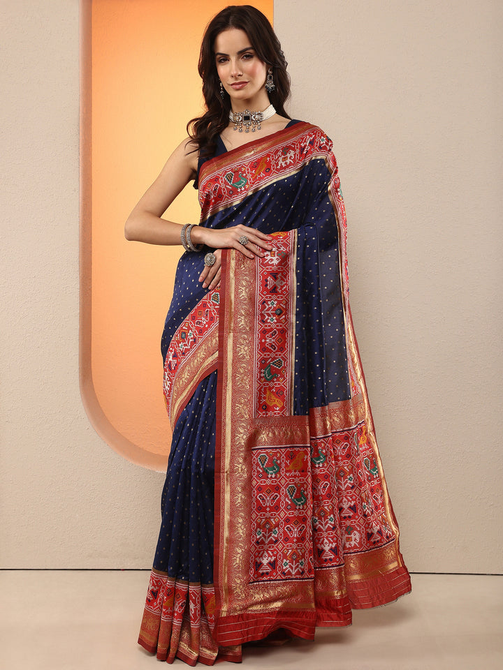 Navy Blue Woven Design Silk Blend Saree With Unstitched Blouse Piece
