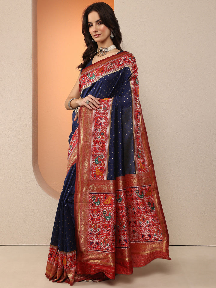 Navy Blue Woven Design Silk Blend Saree With Unstitched Blouse Piece