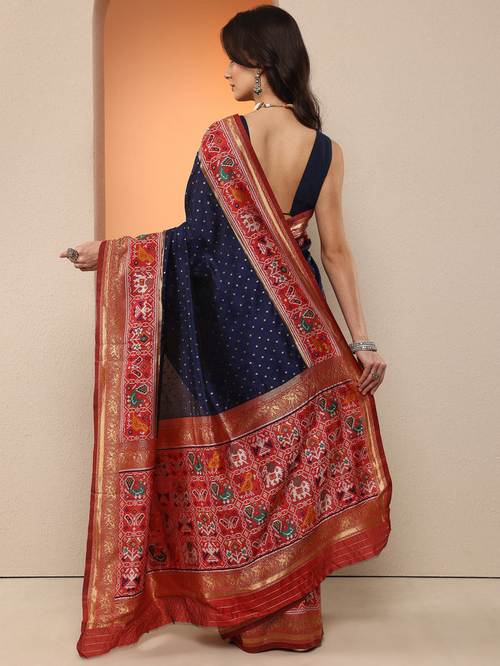 Navy Blue Woven Design Silk Blend Saree With Unstitched Blouse Piece
