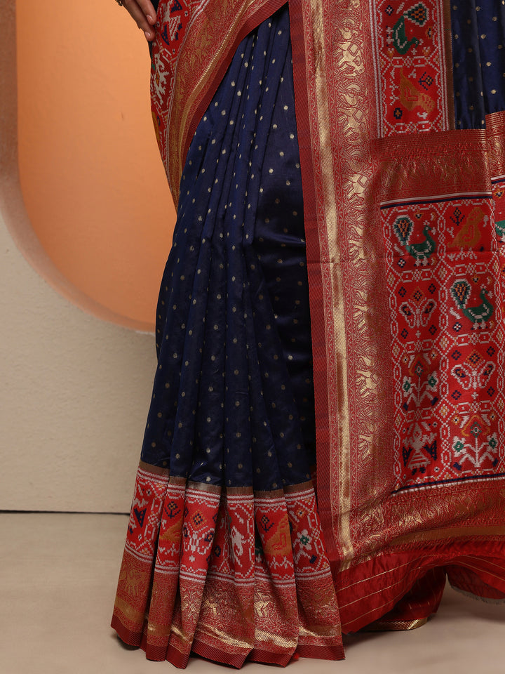Navy Blue Woven Design Silk Blend Saree With Unstitched Blouse Piece