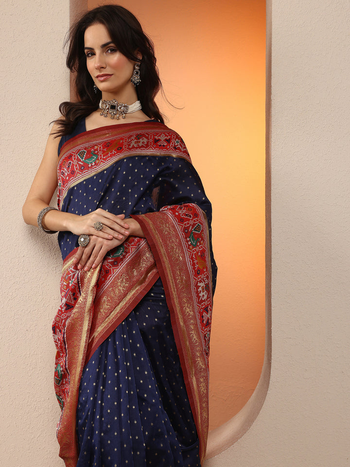 Navy Blue Woven Design Silk Blend Saree With Unstitched Blouse Piece