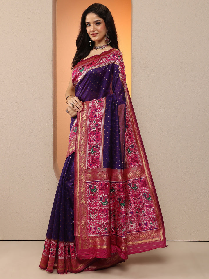 Purple Woven Design Silk Blend Saree With Unstitched Blouse Piece