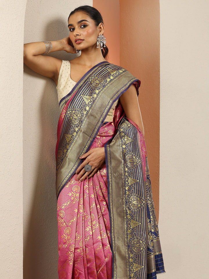 Pink Woven Design Silk Blend Sarees With Unstitched Blouse Piece