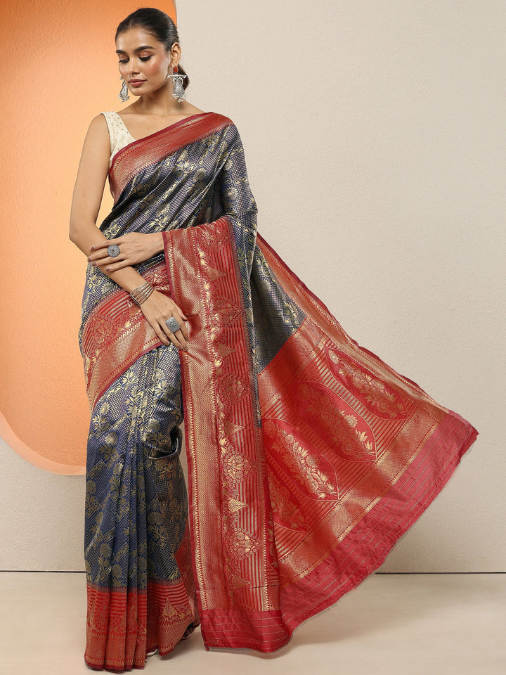 Blue Woven Design Silk Blend Sarees With Unstitched Blouse Piece