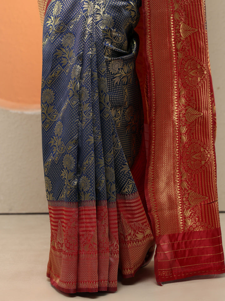 Blue Woven Design Silk Blend Sarees With Unstitched Blouse Piece