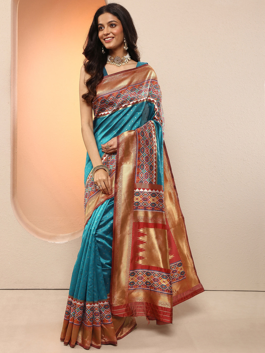 Teal Woven Design Silk Blend Sarees With Unstitched Blouse Piece