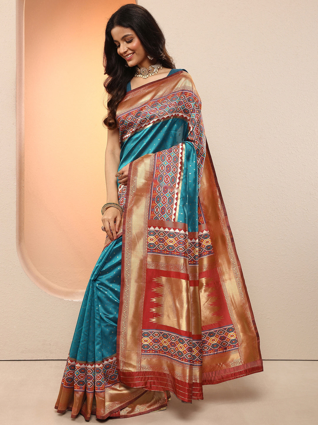 Teal Woven Design Silk Blend Sarees With Unstitched Blouse Piece