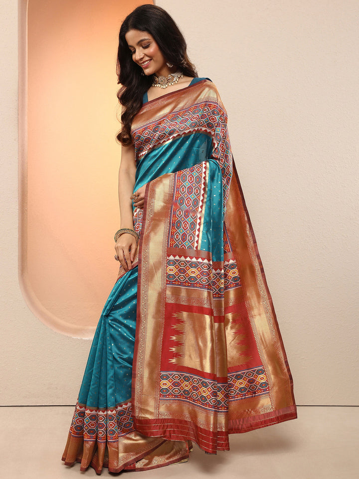 Teal Woven Design Silk Blend Sarees With Unstitched Blouse Piece