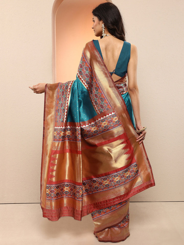 Teal Woven Design Silk Blend Sarees With Unstitched Blouse Piece