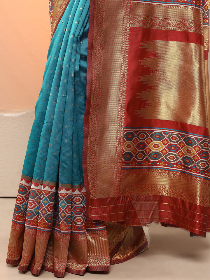 Teal Woven Design Silk Blend Sarees With Unstitched Blouse Piece