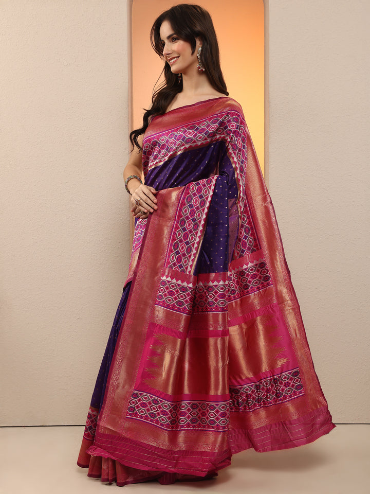 Purple Woven Design Silk Blend Saree With Unstitched Blouse Piece