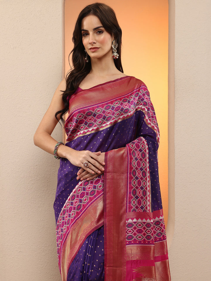Purple Woven Design Silk Blend Saree With Unstitched Blouse Piece