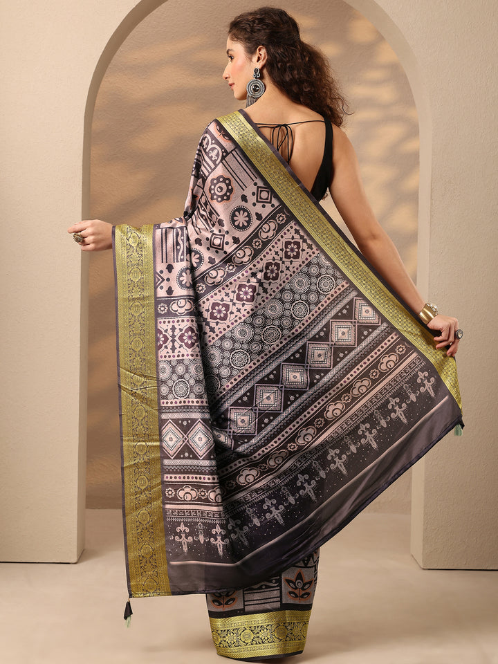 Grey Printed Silk Blend Saree With Unstitched Blouse Piece