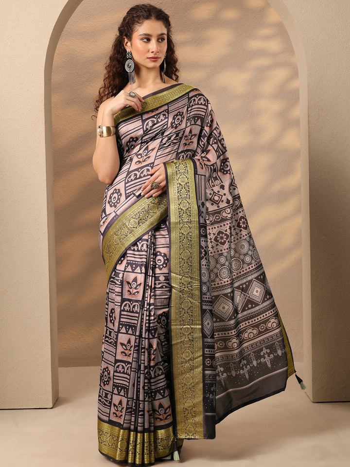 Grey Printed Silk Blend Saree With Unstitched Blouse Piece