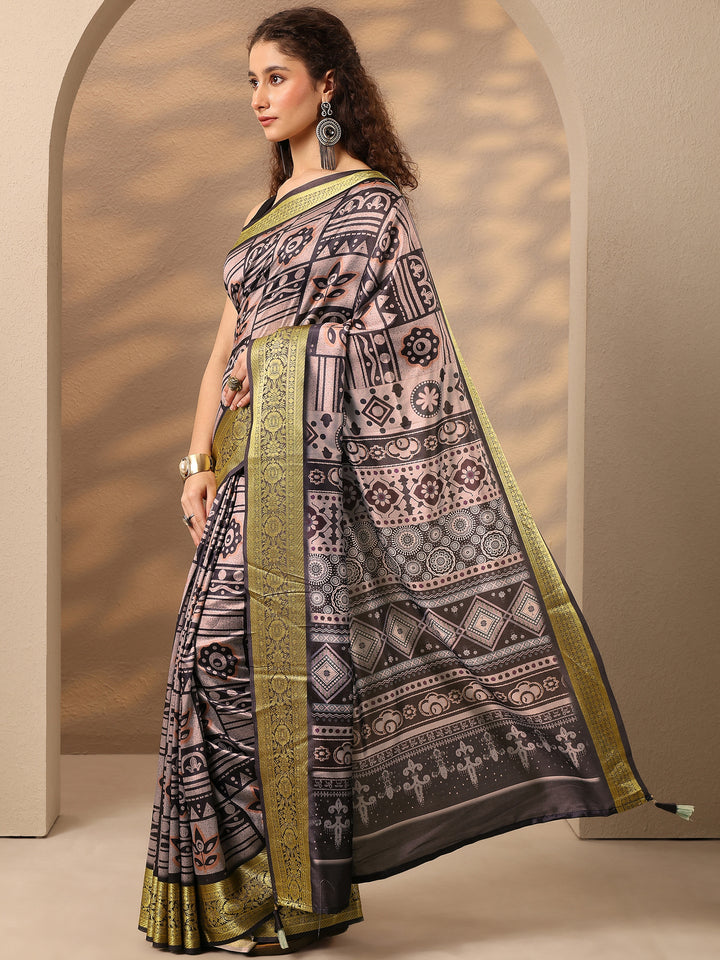 Grey Printed Silk Blend Saree With Unstitched Blouse Piece