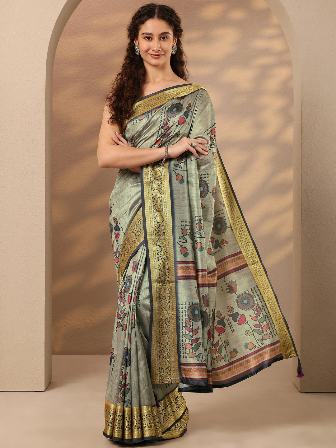 Green Printed Silk Blend Saree With Unstitched Blouse Piece