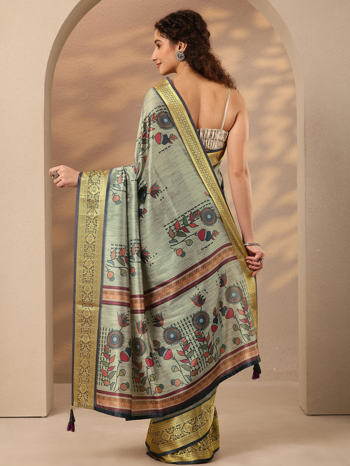 Green Printed Silk Blend Saree With Unstitched Blouse Piece