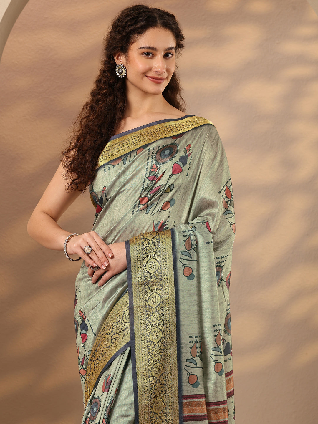 Green Printed Silk Blend Saree With Unstitched Blouse Piece